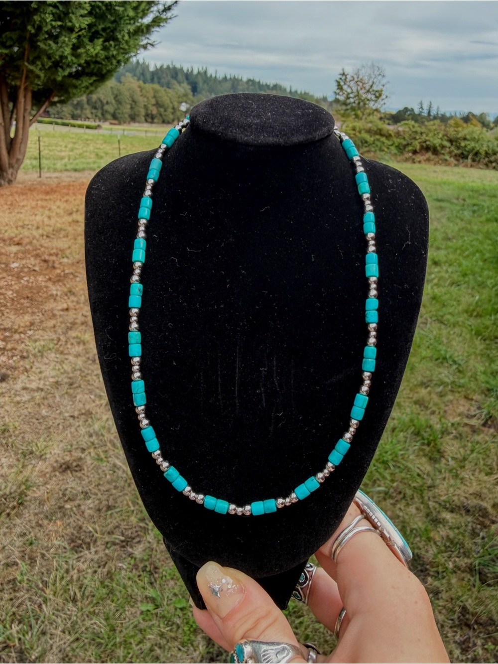 Kingman Turquoise Beaded Necklace with Stainless Steel Pearls